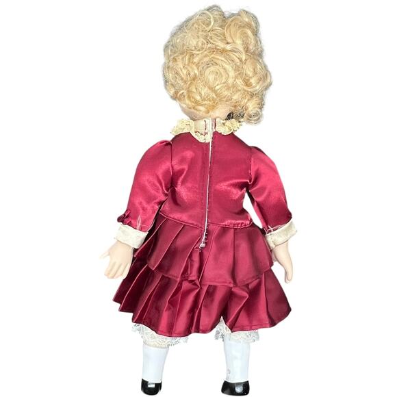 Porcelain Girl Doll in Burgundy Victorian Dress with Blonde Curls - Picture 2 of 11